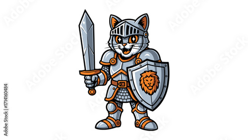 Knight Cat: An adorable cartoon cat, clad in shining armor and wielding a sword and shield, stands ready to defend, embodying courage and protection.