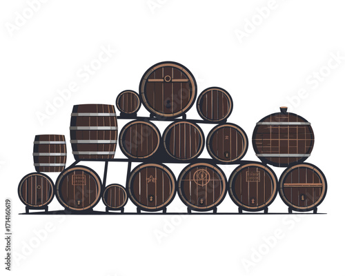 Artistic illustration of various wooden barrels, meticulously stacked and arranged on a pristine white background, representing traditional methods of aging and storing beverages