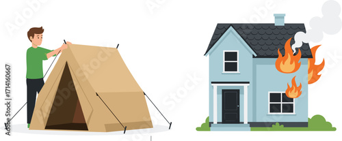 Man setting up camping tent illustration, burning house with fire flames, emergency disaster concept, outdoor survival shelter, danger home accident scene