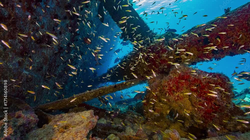 custom made wallpaper toronto digitalUnderwater shot of propellor shafts of huge shipwreck lying on seabed with large numbers of tiny fish swimming together
