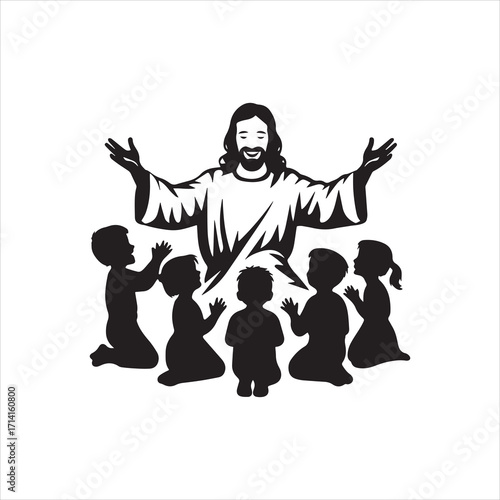 Jesus teaching children silhouette vector, spiritual Christian illustration of love, compassion and faith