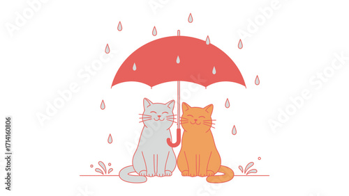 Cat Companions Under Umbrella: Two charming cat friends seek shelter under a vibrant red umbrella, captured in a heartwarming illustration that tells a tale of friendship and shared moments.