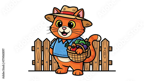 Farmer Cat and Fresh Harvest: A charming cartoon cat, dressed in a farmer's attire and a straw hat, cheerfully presents a basket overflowing with freshly picked vegetables.