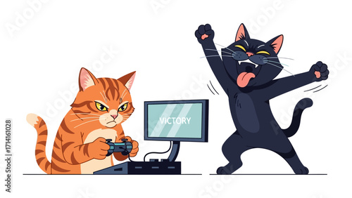 Victory Game Cats: A digital illustration captures a playful scene of competition and elation. A ginger cat focused on the game controller, while a black cat, in a moment of victory, is celebrating.