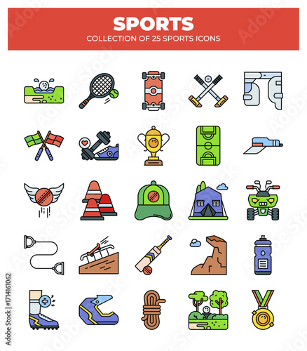 Collection of 25 Sports Icons. A Vibrant Guide to Summer and Active Lifestyle