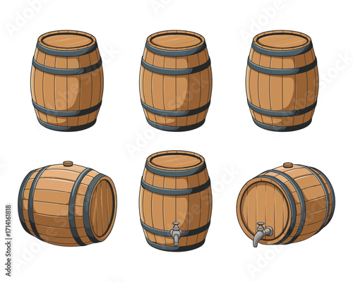 Set of vintage wooden barrels isolated on a white background, a detailed vector illustration of oak casks from different perspectives