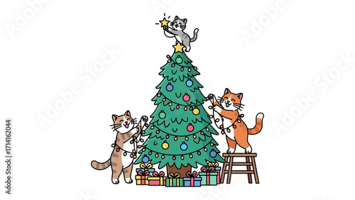 Christmas Cats: Adorable cats deck a festive Christmas tree with ornaments and lights. Embrace the spirit of holiday cheer with these cute feline friends preparing for the holiday.