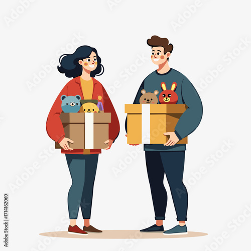 Young couple exchanging gift boxes with stuffed animals in a cheerful setting  