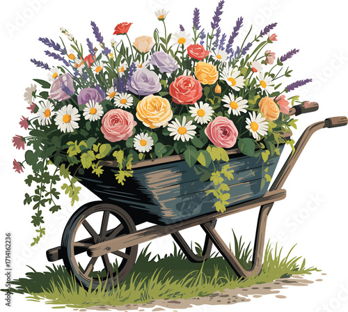 Charming Wheelbarrow Overflowing with Colorful Flowers Vector Art for Garden and Floral Designs