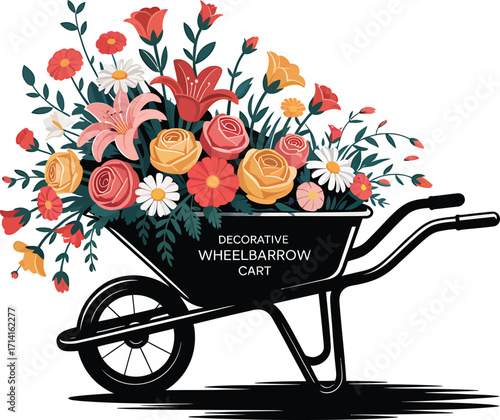 Decorative Wheelbarrow Cart Silhouette Vector Graphic with Floral Arrangement for Garden Designs