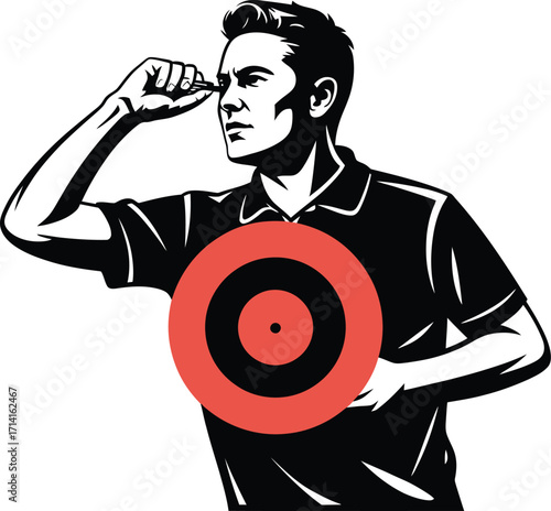 Focused Dart Player Vector Illustration with Target for Sports and Competition Designs