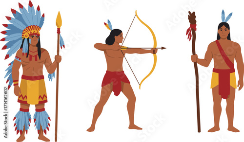 Native American warriors with traditional feather headdress, bow and arrow, tribal spear, indigenous culture, ethnic costume, history, heritage illustration