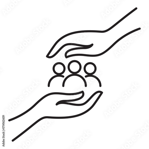 Two hands protecting people linear icon for community care and human rights vector