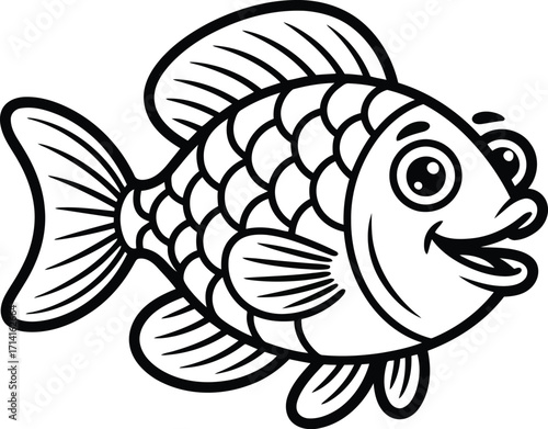 Whimsical cartoon illustration of a happy smiling goldfish with big eyes and flowing fins on a white background