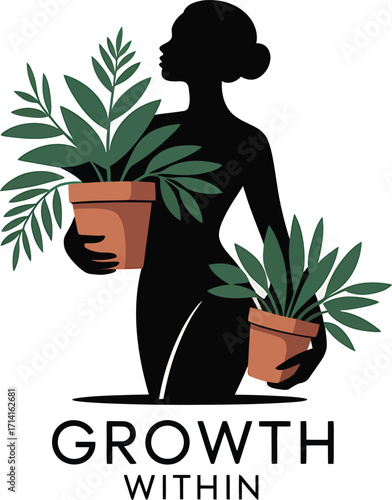 Empowering Silhouette of a Woman Nurturing Growth with Plants in a Symbolic Illustration
