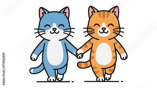 Joyful feline friendship: Two cute cat companions, a charming blue one and a cheerful orange one, walk hand-in-hand, their faces beaming with happiness and mutual affection.