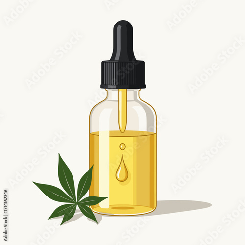 CBD oil vector illustration, amber glass bottle with dropper, cannabis leaf, for health and wellness websites