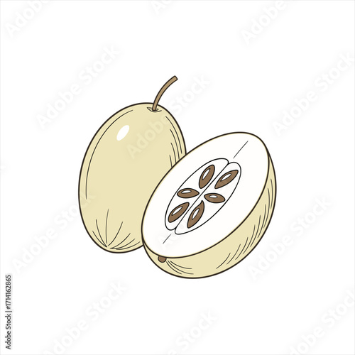 Illustration of a whole and halved light yellow fruit with seeds