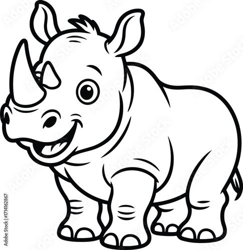 Cute cartoon baby rhinoceros with a big smile and large horn standing on white background
