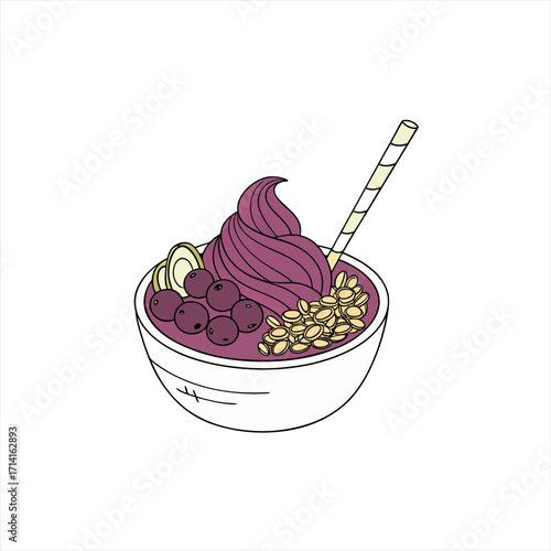 Delicious acai bowl with berries banana slices and granola