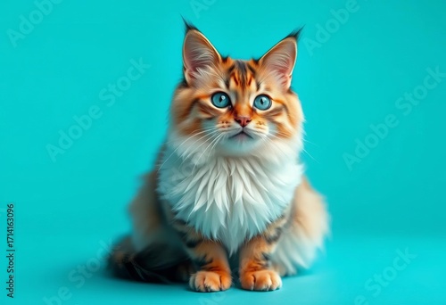 A fluffy Chinese Li Hua cat sits on a turquoise background , chinese cat, color