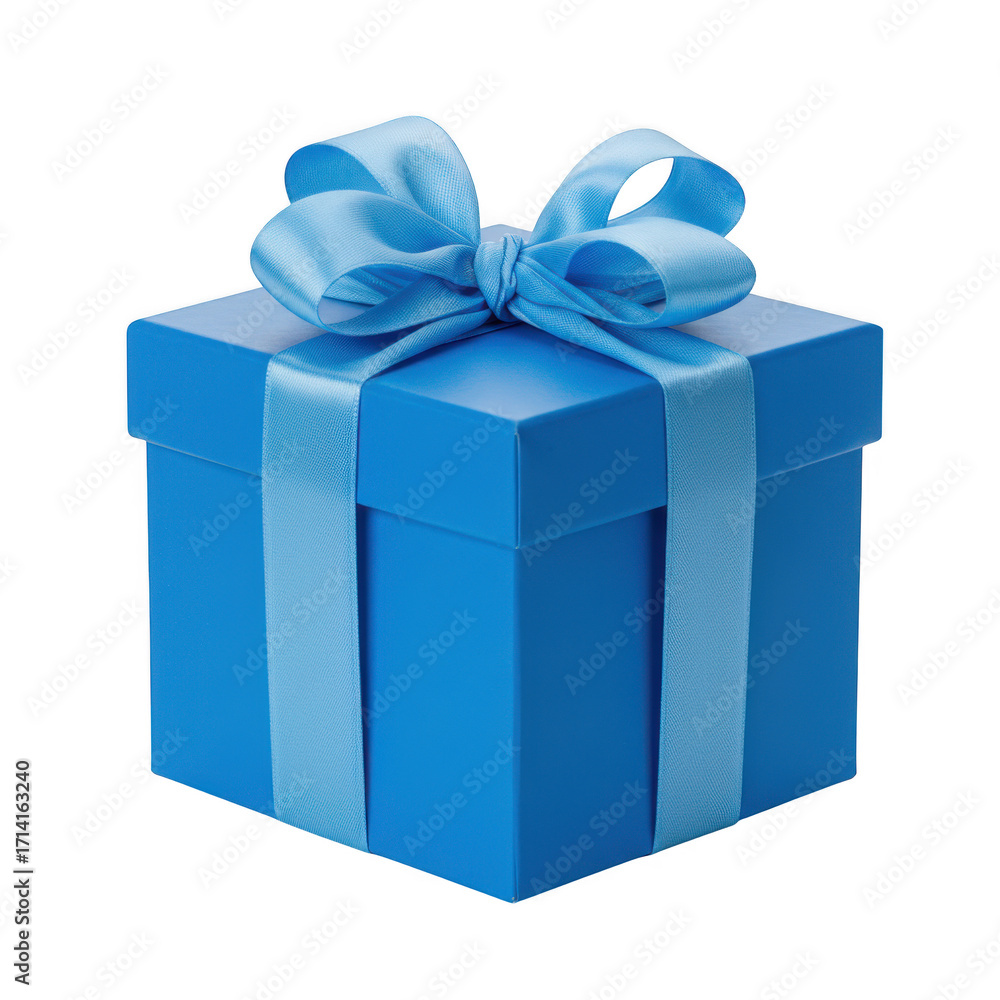 Obraz premium A single blue gift box with a ribbon on a completely dark setting on transparent background