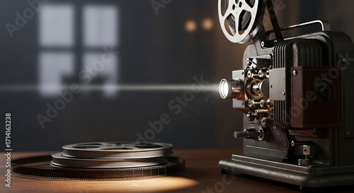 Vintage film projector projects light beam on wooden table with film reels, evoking classic cinema and movie history.