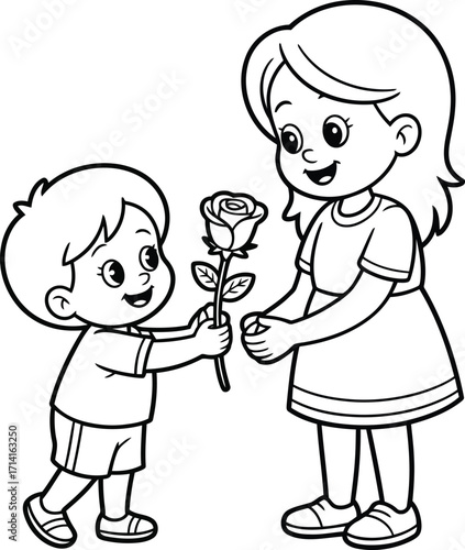 Young boy happily presents a single rose flower to his smiling mother or older sister