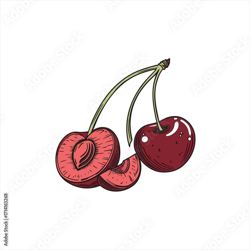 Hand drawn illustration of fresh cherries one whole and one cut open