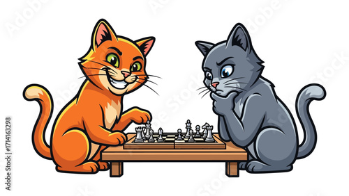 Cats' Strategic Chess Match: Two adorable cartoon cats engrossed in a game of chess, highlighting the strategic thinking and playful interaction between the feline pair.