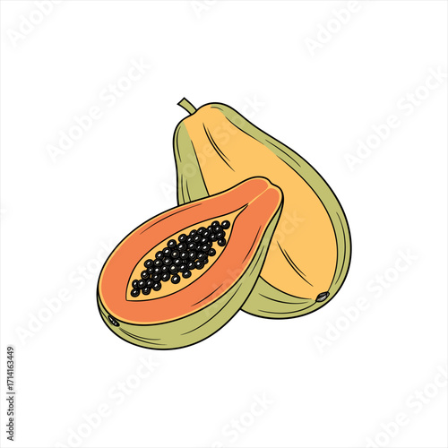 Illustration of a whole papaya and a halved papaya with seeds