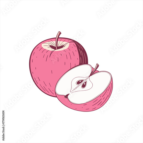 Pink apple and half apple illustration on white background