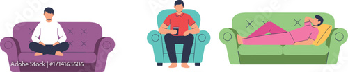 People relaxing on sofa illustration, sitting, meditating, lying down, comfortable lifestyle, home furniture design, modern relaxation vector art graphic