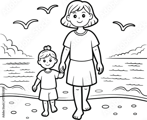 Mother and daughter holding hands walking on a sandy beach with birds flying overhead