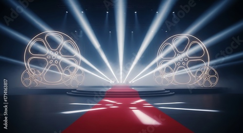 Empty film awards stage with red carpet, glowing movie reels, and bright spotlights, set for a grand cinematic event or film premiere.