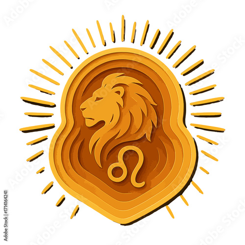Layered lion logo design with zodiac symbol and radiant sunburst