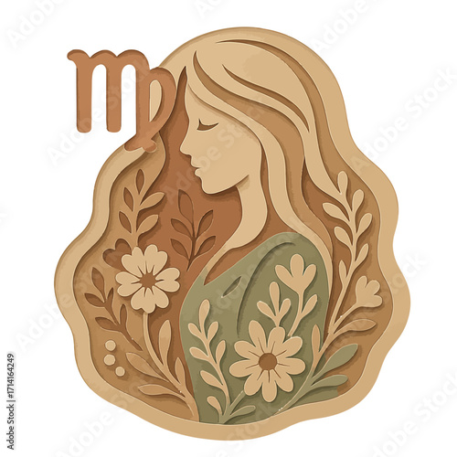 Elegant virgo zodiac woman in layered papercut floral art style