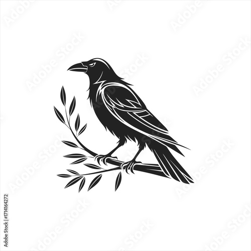 Stylized black raven perched on a branch with leaves