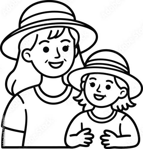 Happy mother and daughter wearing sun hats enjoying a sunny day together outdoors