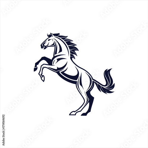 Stylized dark blue horse rearing up on hind legs against white background