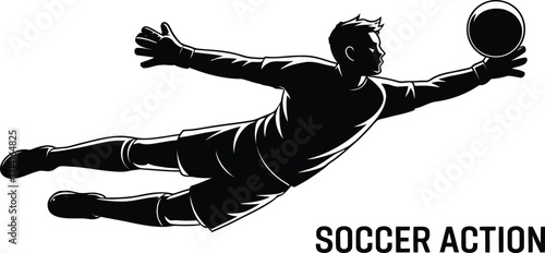 Soccer Goalie in Action Black Silhouette on Transparent Background Vector Illustration
