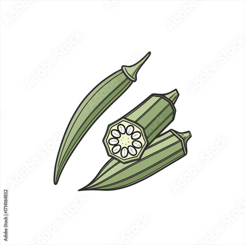 Illustration of fresh green okra pods with one sliced open to show seeds