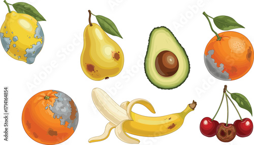 Rotten fruits, spoiled lemon, decayed pear, moldy orange, damaged banana, rotten cherries, unhealthy avocado, bad fruit collection, organic waste, spoiled food