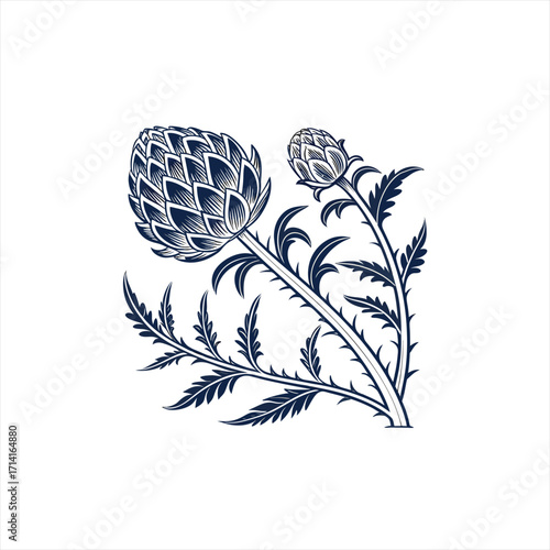 Stylized artichoke flower with bud and thorny leaves in dark blue