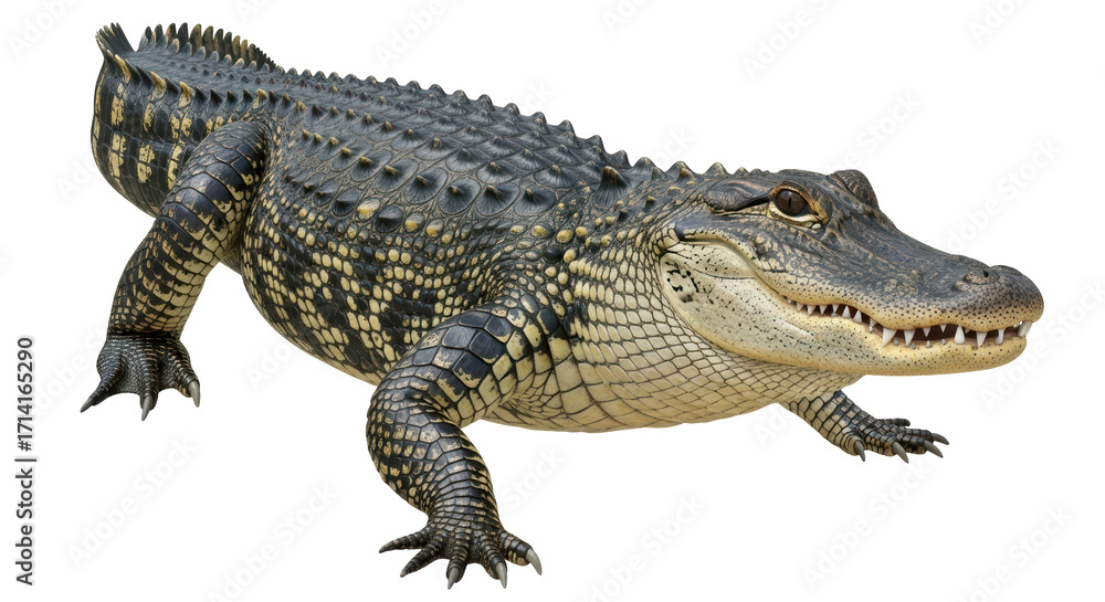 Fototapeta premium Isolated Alligator Lying Down, Baring Teeth Showing Power, Ready to Attack and Survive