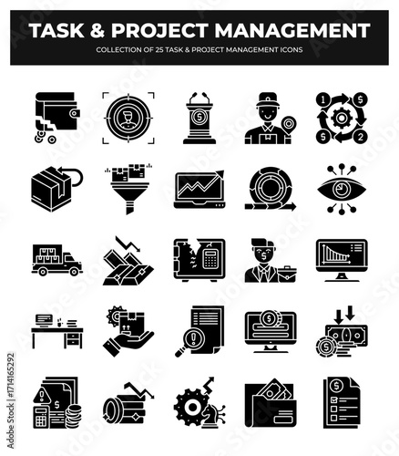 Project & Task Management Icons: Streamline your workflow with our comprehensive collection of 25 essential icons for efficient project planning and execution.