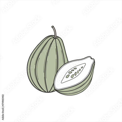 Illustration of a whole and halved green papaya fruit with seeds