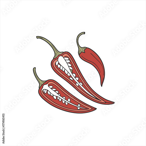 Red chili peppers cut in half and whole isolated on white background