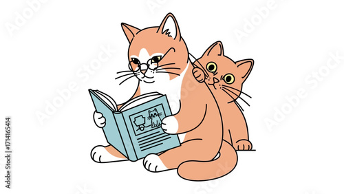 Curious Companions: Two charming cats, one donning spectacles, engrossed in a fascinating book, sharing a moment of quiet study.