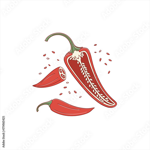 Illustration of a red chili pepper cut in half with seeds scattered